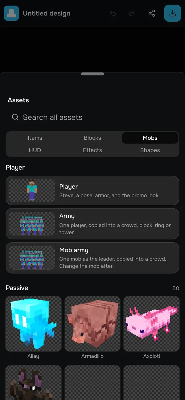 The MCRender Thumbnail Editor's asset panel on a phone, listing the player, army and Minecraft mobs