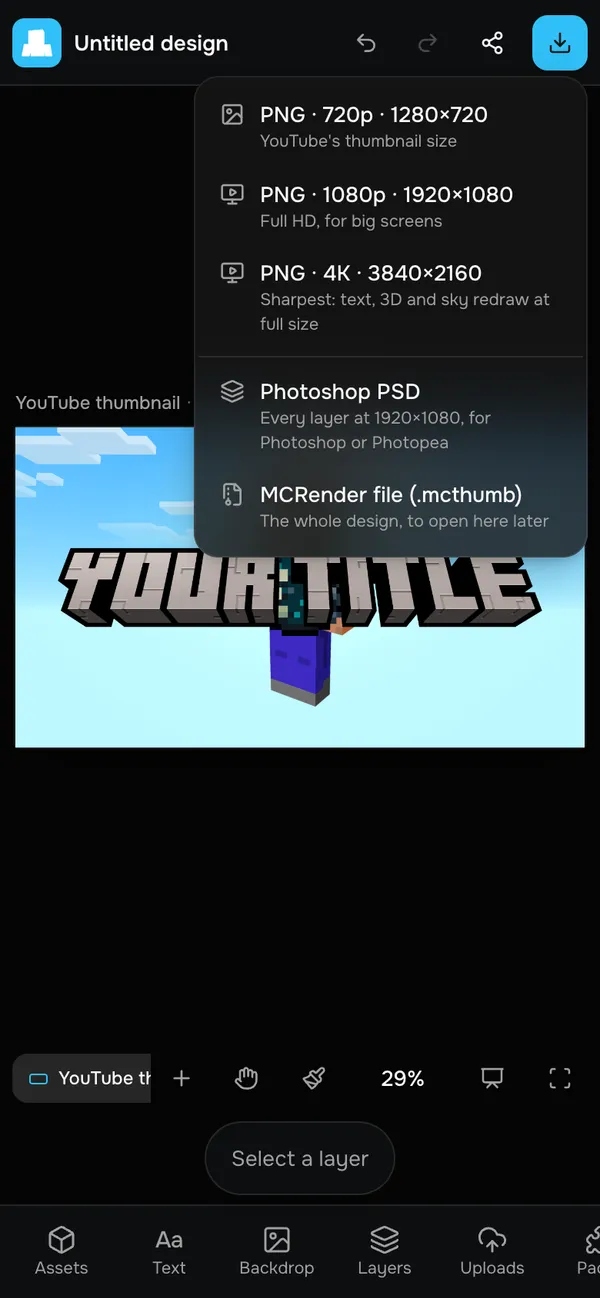 The export menu of the MCRender Thumbnail Editor on a phone: PNG 720p, 1080p, 4K and Photoshop PSD