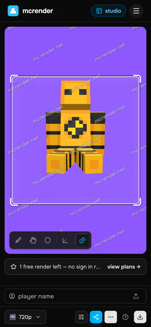 The MCRender pose page on a phone, showing a posed 3D Minecraft character and the player name box
